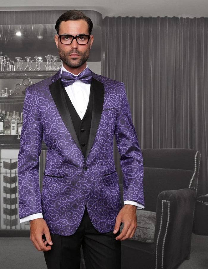 Purple swirl pattern tuxedo with black notch lapel, fitted design. Includes matching vest, white dress shirt, and purple bow tie. Stylish formal wear.
