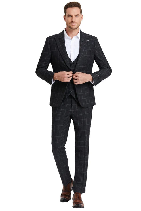 Plaid Suit - Windowpane Suit - Checkered Suit - Mens Vested Dark Grey Suit