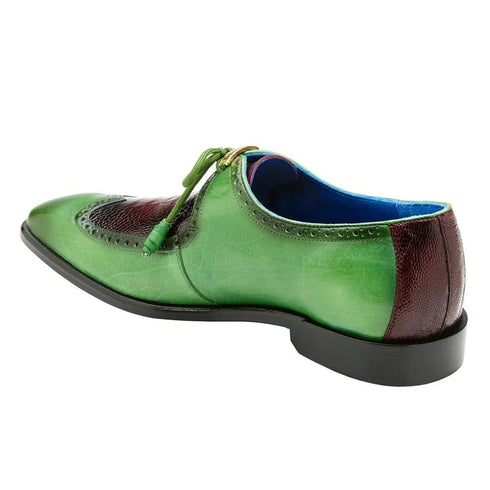 Men's Belvedere Etore Hand Painted Calf & Ostrich Leg Wingtip Dress Shoe In Green & Burgundy