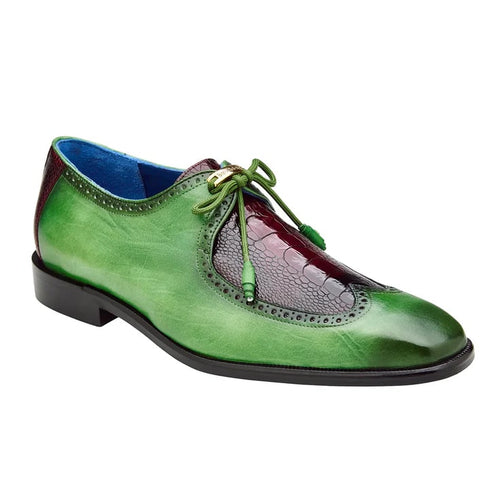 Men's Belvedere Etore Hand Painted Calf & Ostrich Leg Wingtip Dress Shoe In Green & Burgundy