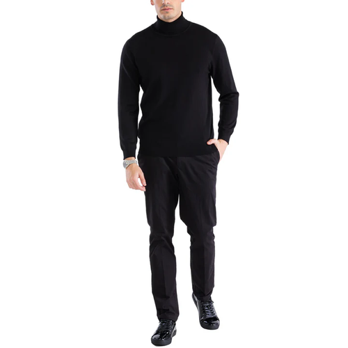 Alberto Nardoni men's black turtleneck sweater. Fitted silhouette, high neckline, and long sleeves tapering at the wrist. Smooth, solid black fabric. Fitted hem.
