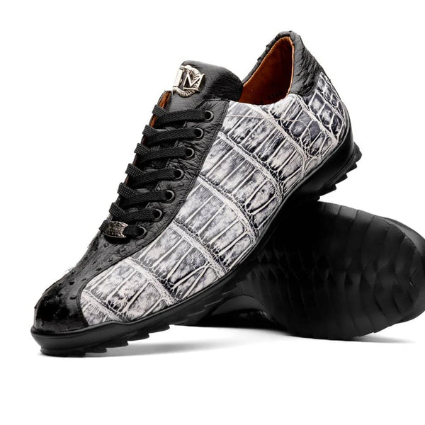 Marco Di Milano Saulo Men's Shoes Black & Newspaper Exotic Ostich / Alligator Casual Sneakers