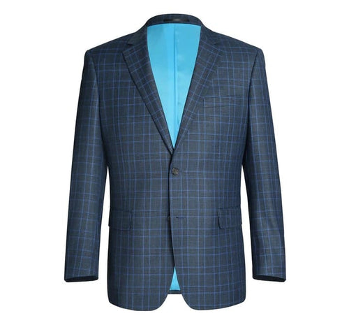 Mens Plaid Suit - Patterned Business Suit - Mens Two Button Classic Fit Two Piece Suit In Blue Windowpane Plaid Check