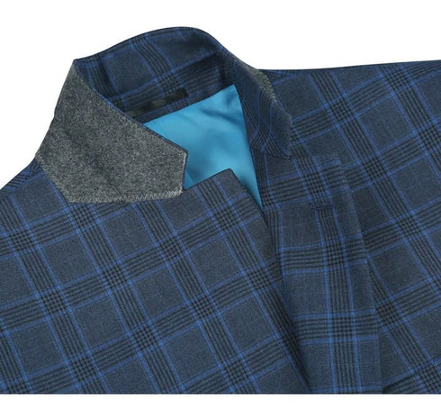 Mens Plaid Suit - Patterned Business Suit - Mens Two Button Classic Fit Two Piece Suit In Blue Windowpane Plaid Check