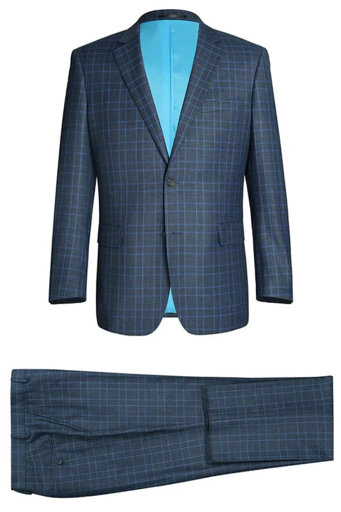 Mens Plaid Suit - Patterned Business Suit - Mens Two Button Classic Fit Two Piece Suit In Blue Windowpane Plaid Check