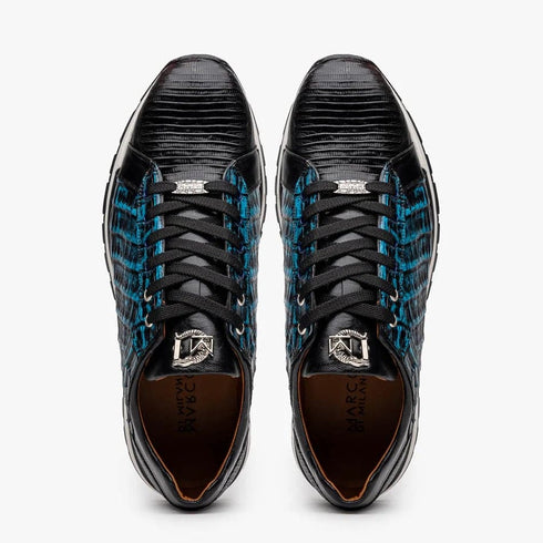 Marco Di Milano Portici Men's Shoes Blue & Black Exotic Lizard / Crocodile Casual Sneakers