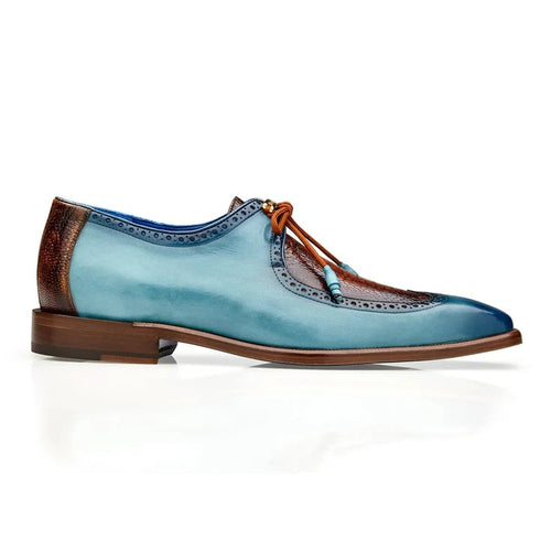 Men's Belvedere Etore Hand Painted Calf & Ostrich Leg Wingtip Dress Shoe In Blue & Camel