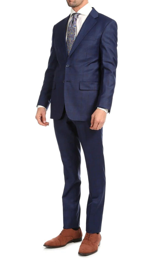 Yves Blue Plaid Check Men's Premium 2 Piece Wool Slim Fit Suit