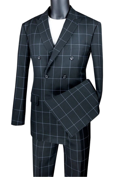 Mens Plaid Suit - Patterned Business Suit -Mens Double Breasted Bold Windowpane Plaid Suit In Black