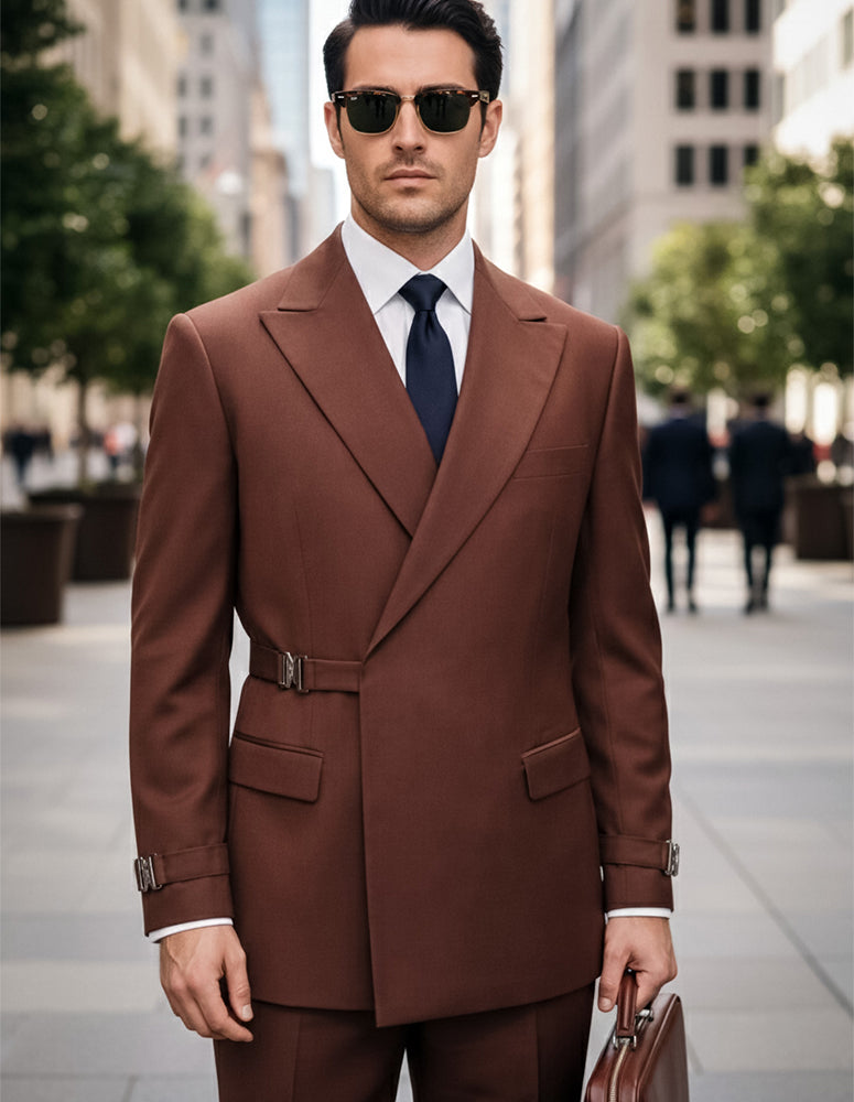 2PC Italian Super 200's Wool Suit. Modern Fit Flat Front Pants with Metal Buckles - Copper