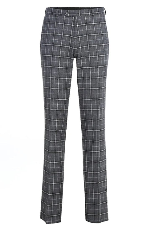 Mens Plaid Suit - Patterned Business Suit - Mens Two Button Slim Fit Two Piece Suit In Charcoal Grey Bold Windowpane Plaid