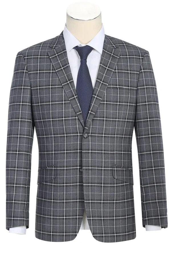 Mens Plaid Suit - Patterned Business Suit - Mens Two Button Slim Fit Two Piece Suit In Charcoal Grey Bold Windowpane Plaid