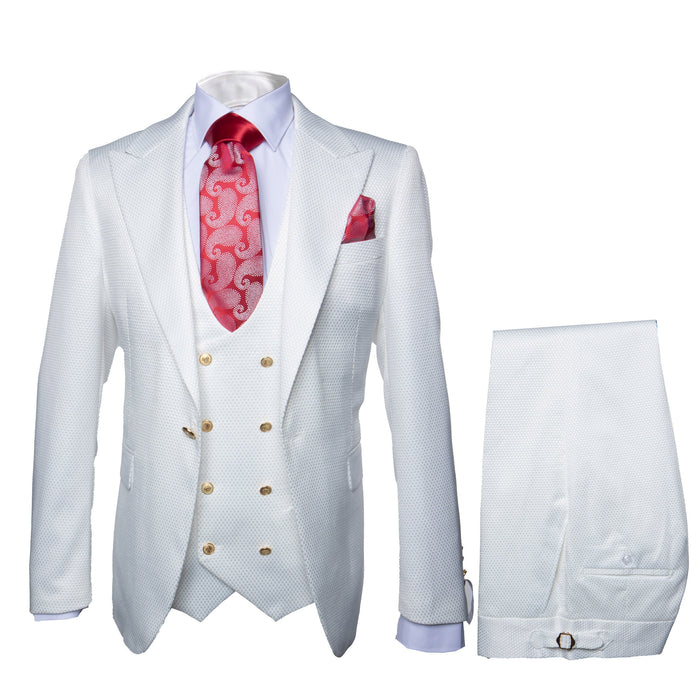 Rossi Man Slim Fit 3-Piece White Suit â€“ Peak Lapel, Double-Breasted Vest & Flat Front Pants