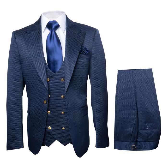 Rossi Man BOND RM1752 Slim Fit 3-Piece Navy Suit â€“ 1-Button Peak Lapel, Double-Breasted Vest & Flat Front Pants
