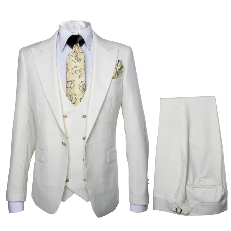 Rossi Man BOND RM1770 Slim Fit 3-Piece White Suit 1-Button Peak Lapel, Stylish Mens Formalwear