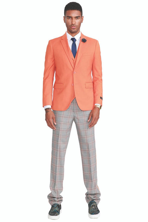 "Orange Men's Summer Suit   Plaid Pants - Two Button Vested Style"