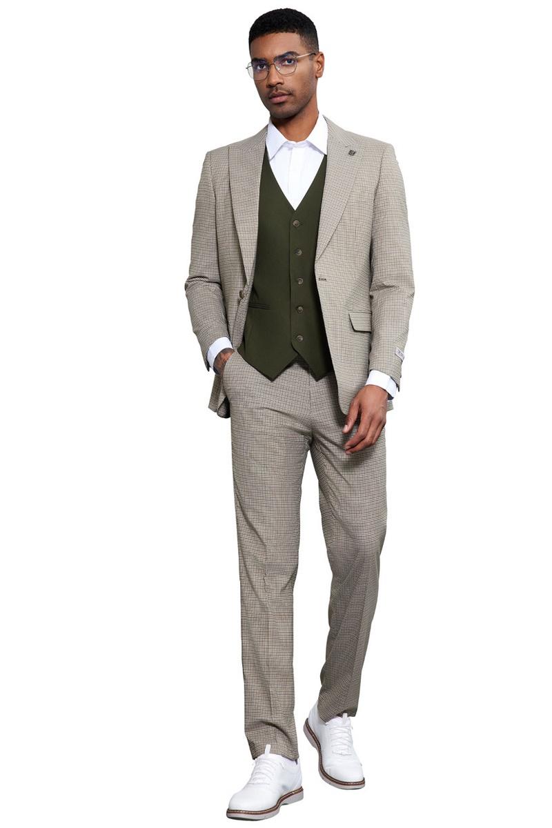 Stacy Adams men's suit: Light beige micro check. Single-button peak lapel blazer, tailored trousers, and matching dark green vest. White footwear completes the look.
