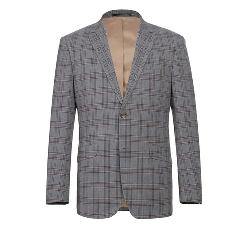 Mens Plaid Suit - Patterned Business Suit - Mens Two Button Slim Fit Two Piece Suit In Grey & Bronze Windowpane Plaid