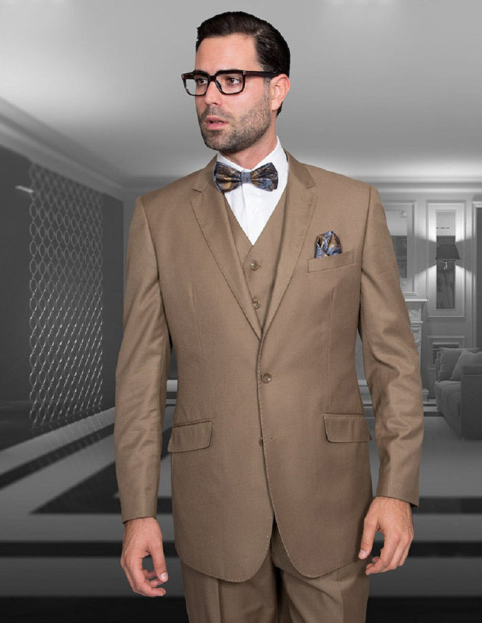 Men's bronze wool suit. Modern fit, two-button, vested. Tailored jacket & vest. Smooth wool fabric. Notched lapels, front pockets. Solid bronze color.
