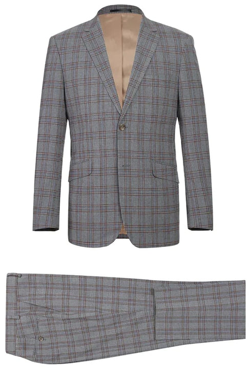 Mens Plaid Suit - Patterned Business Suit - Mens Two Button Slim Fit Two Piece Suit In Grey & Bronze Windowpane Plaid