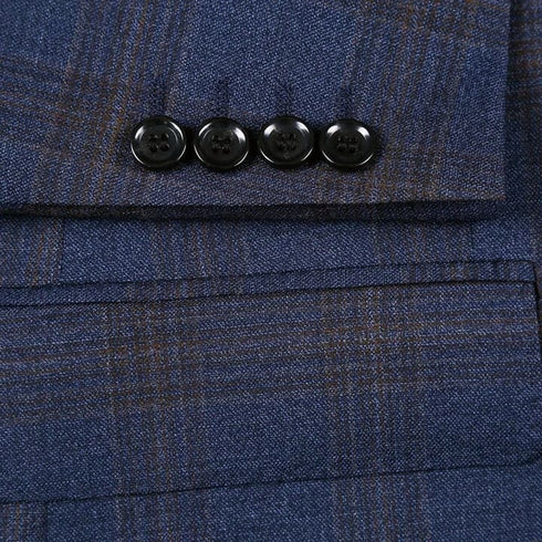 Mens Plaid Suit - Patterned Business Suit - Mens Two Button Classic Fit Vested Wool Suit In Brown & Blue Windowpane Plaid