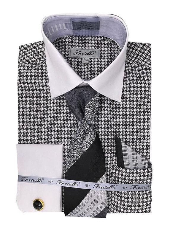 Men's Vintage Style Multi-colored Houndstooth Dress Shirt & Tie Package In Black