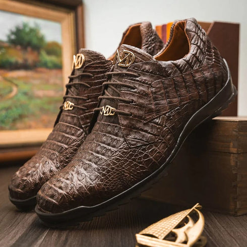 Marco Di Milano Kratos Men's Shoes Brown Exotic Caiman Crocodile Sport Sneakers