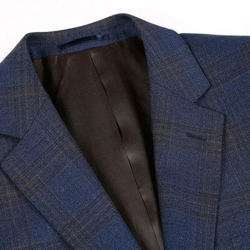 Mens Plaid Suit - Patterned Business Suit - Mens Two Button Classic Fit Vested Wool Suit In Brown & Blue Windowpane Plaid