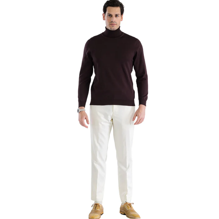 Men's brown turtleneck sweater. Fitted, long sleeves, high collar. Soft knit material with a rich, deep brown color and smooth texture.

