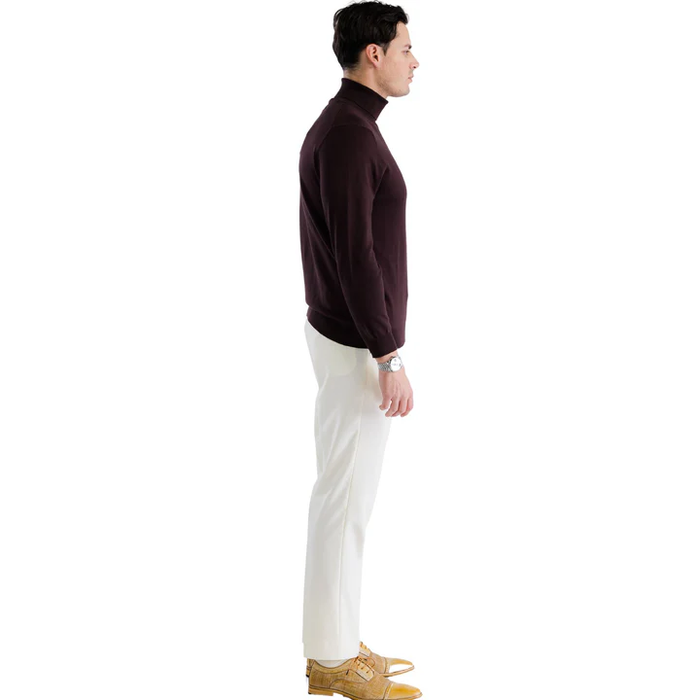 Alberto Nardoni men's brown turtleneck sweater. Fitted, knit fabric with long sleeves, high collar, and ribbed cuffs. Solid brown color.
