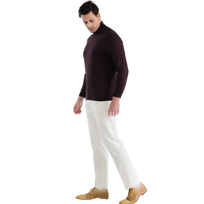Alberto Nardoni men's brown turtleneck sweater. Fitted silhouette, long sleeves, and high neck. Smooth knit fabric, solid brown color. Straight hem and fitted cuffs.
