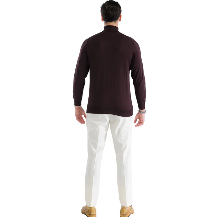 Men's brown fitted turtleneck sweater. Features long sleeves, solid color, and ribbed collar/hem. Classic, versatile design.
