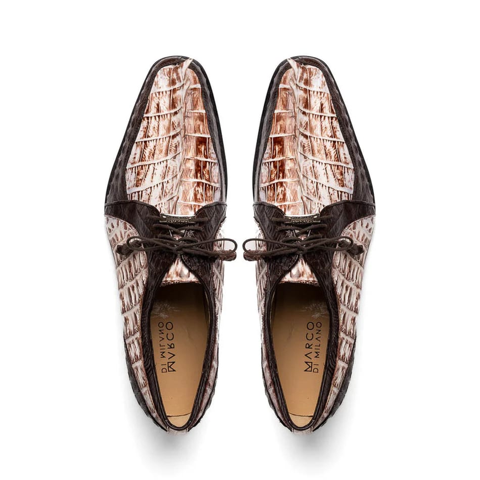 Marco Di Milano Caribe Men's Shoes Rustic White & Brown Genuine Hornback Caiman Crocodile Dress Derby Oxfords