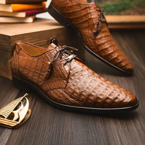 Marco Di Milano Lacio Men's Shoes Bay Apache Brown Genuine Caiman Crocodile Dress Derby Oxfords