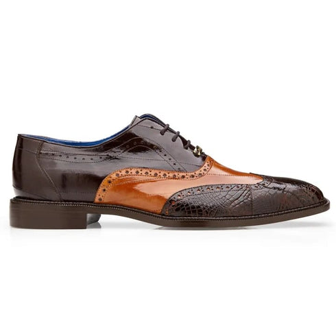 Men's Belvedere Varo American Alligator & Eel Skin Wingtip Dress Shoe In Brown & Camel