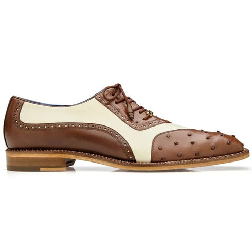 Men's Belvedere Sesto Italian Calf & Ostrich Quill Wingtip Dress Shoe In Brown & White