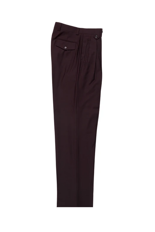 Tiglio Luxe burgundy wool wide-leg dress pants. Structured silhouette with front pleats and back pocket. Crafted from solid burgundy wool.
