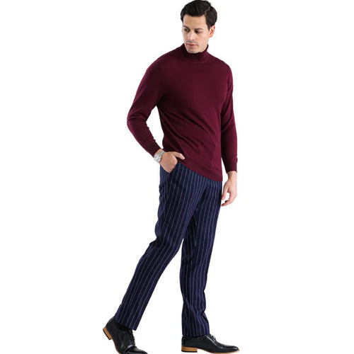 Men's burgundy turtleneck sweater. Fitted, long sleeves, high ribbed collar. Smooth, fine-knit with subtle sheen. Solid color, clean silhouette, contours the body.
