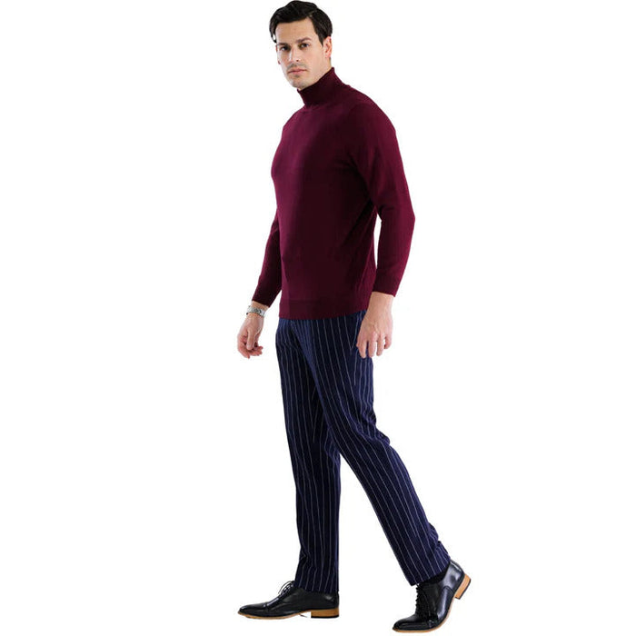 Men's burgundy turtleneck sweater. Fitted silhouette, long sleeves, and high neck. Knitted with a smooth texture. Deep, consistent burgundy color.
