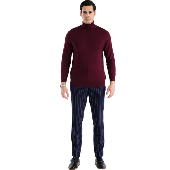 Men's burgundy turtleneck sweater. Fitted shape, long sleeves, high neck. Smooth, knitted material in solid burgundy. Streamlined design, waist-length for a tailored look.
