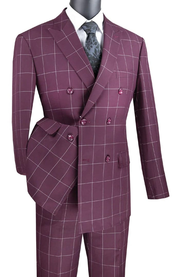 Mens Plaid Suit - Patterned Business Suit - Mens Double Breasted Bold Windowpane Plaid Suit In Burgundy