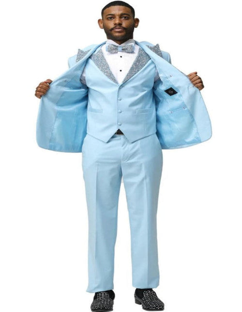 Baby Blue Prom Tuxedo - Perfect Wedding Suit Vested rhinestone Lapelled