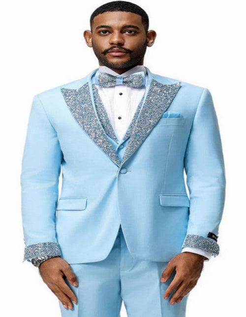Baby Blue Prom Tuxedo - Perfect Wedding Suit Vested rhinestone Lapelled