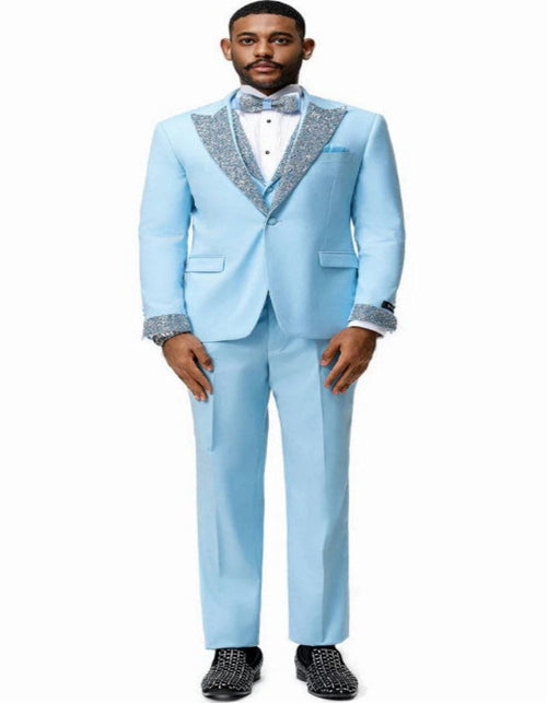 Baby Blue Prom Tuxedo - Perfect Wedding Suit Vested rhinestone Lapelled