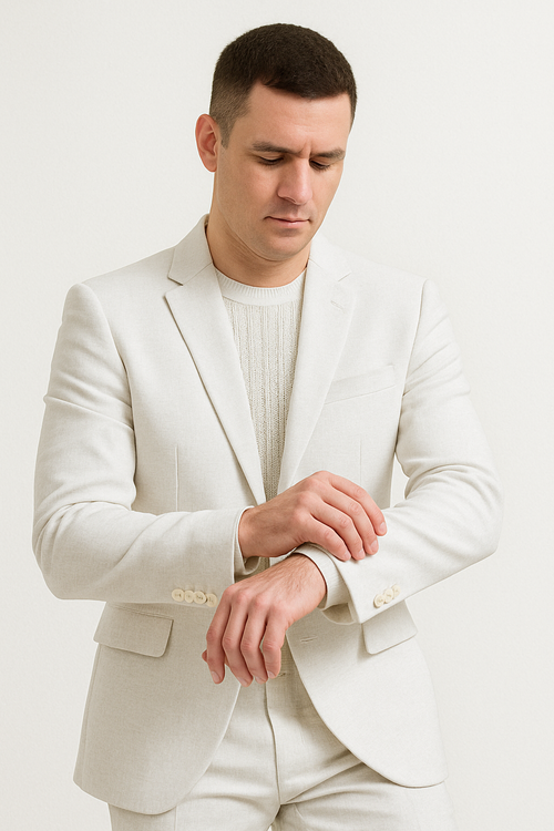 Men's linen suit: Light beige, relaxed hybrid fit, no collar. Single-breasted jacket with left chest pocket, tailored sleeves, two-button cuffs. Matching trousers. Ideal for warm weather.
