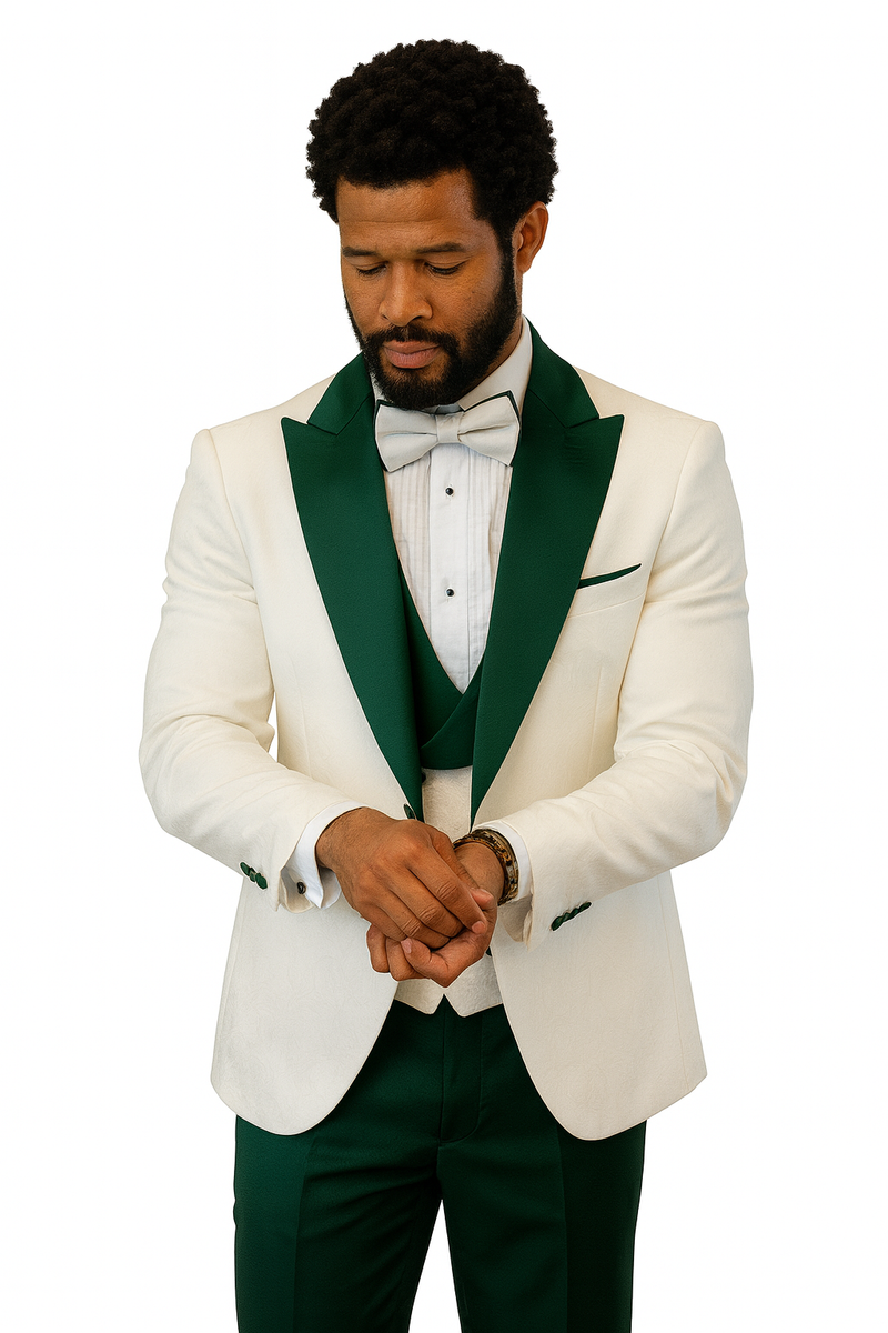 Hilton tuxedo jacket: white with hunter green peak lapels. Includes matching shawl vest, wool pants, and bow tie.
