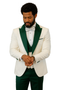 Hilton tuxedo jacket: white with hunter green peak lapels. Includes matching shawl vest, wool pants, and bow tie.
