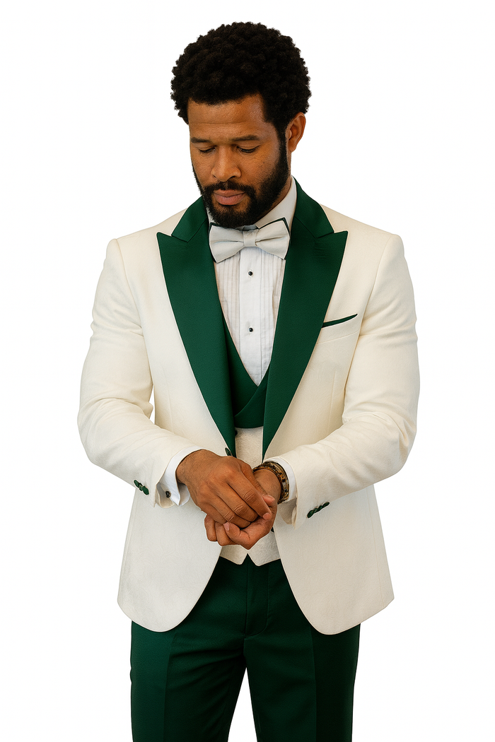 Hilton tuxedo jacket: white with hunter green peak lapels. Includes matching shawl vest, wool pants, and bow tie.
