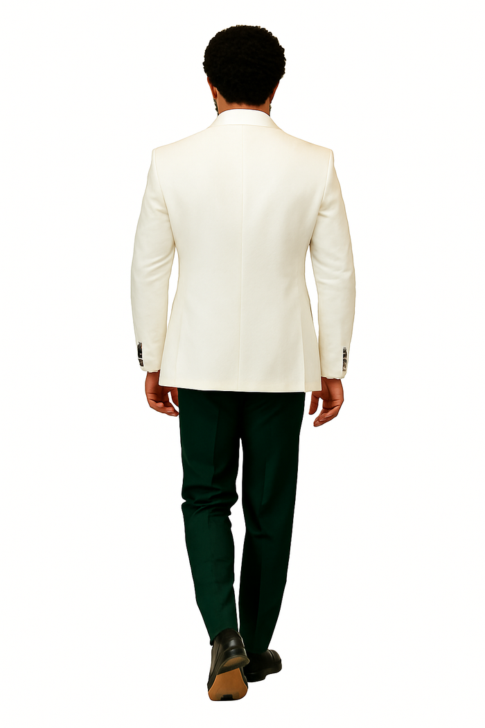 White & black paisley tuxedo jacket with peak lapel, matching wool pants, shawl vest, & bow tie.
