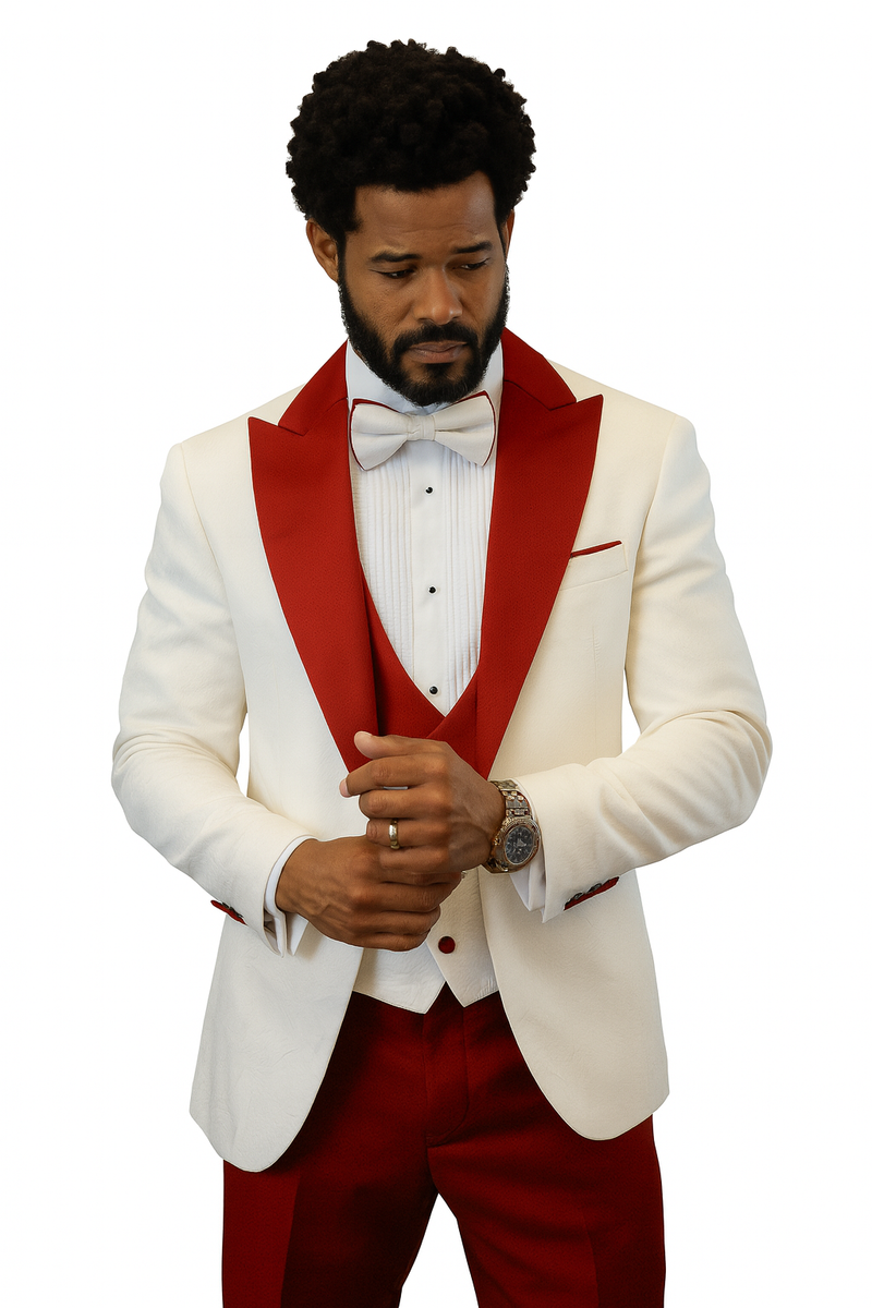 Hilton tuxedo: White paisley jacket w/red peak lapel & details. Red shawl vest & wool pants. Includes white shirt & pleated white bow tie.
